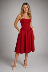 Fleurine Corset Floral Midi Dress | Women's Sweetheart Wedding-Guest Dress in Red