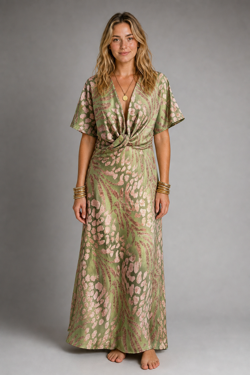 Christine Wrap Maxi Dress | Women's V-Neck Short-Sleeve Wedding-Guest Gown