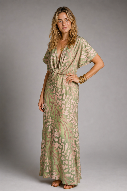 Christine Wrap Maxi Dress | Women's V-Neck Short-Sleeve Wedding-Guest Gown
