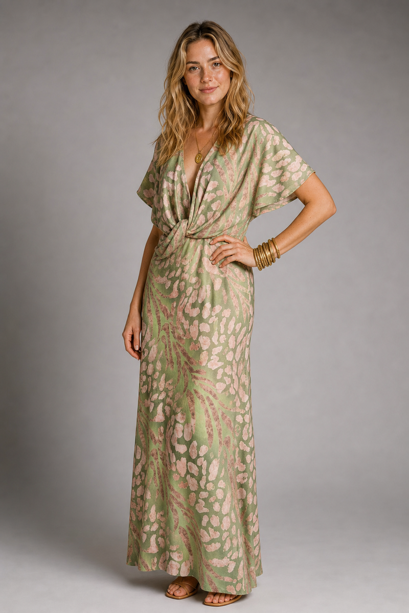 Christine Wrap Maxi Dress | Women's V-Neck Short-Sleeve Wedding-Guest Gown