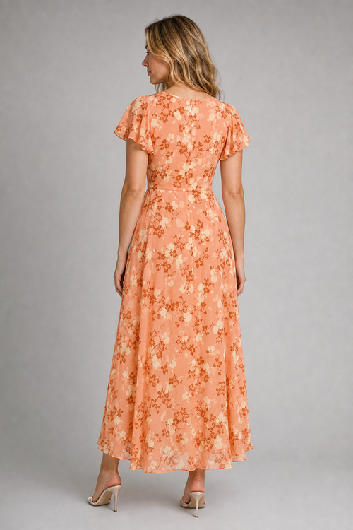 Julie Floral Maxi Dress | Women's V-Neck Flutter-Sleeve Wedding-Guest Gown