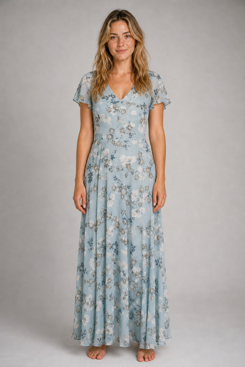 Julie Floral Maxi Dress | Women's V-Neck Flutter-Sleeve Wedding-Guest Gown