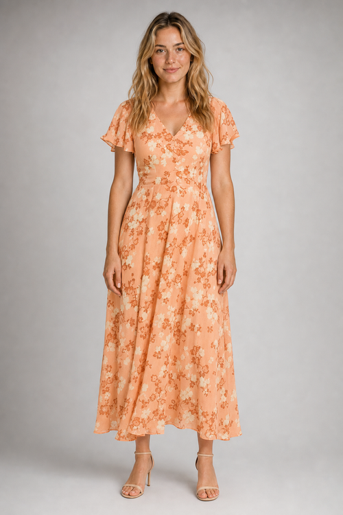Julie Floral Maxi Dress | Women's V-Neck Flutter-Sleeve Wedding-Guest Gown