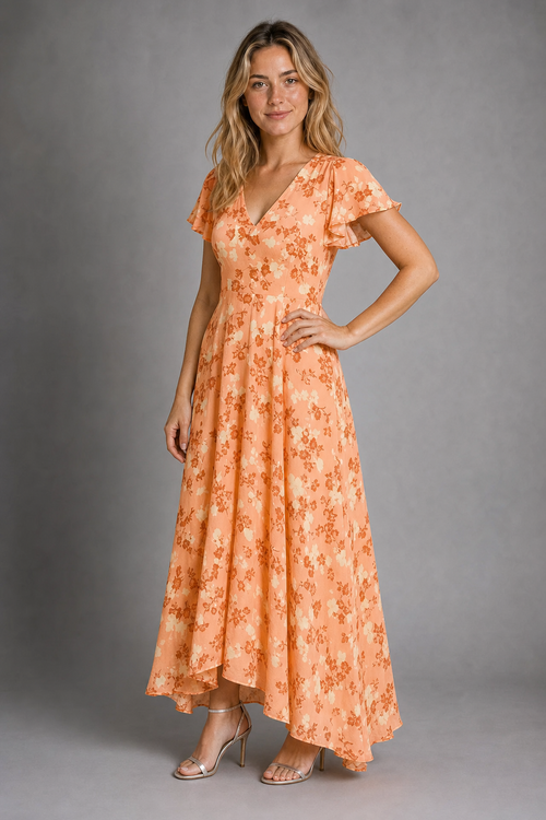 Julie Floral Maxi Dress | Women's V-Neck Flutter-Sleeve Wedding-Guest Gown