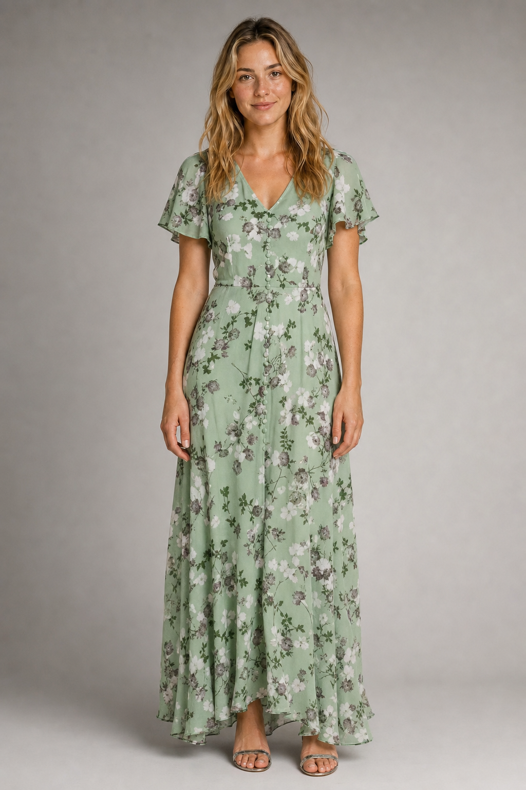 Julie Floral Maxi Dress | Women's V-Neck Flutter-Sleeve Wedding-Guest Gown