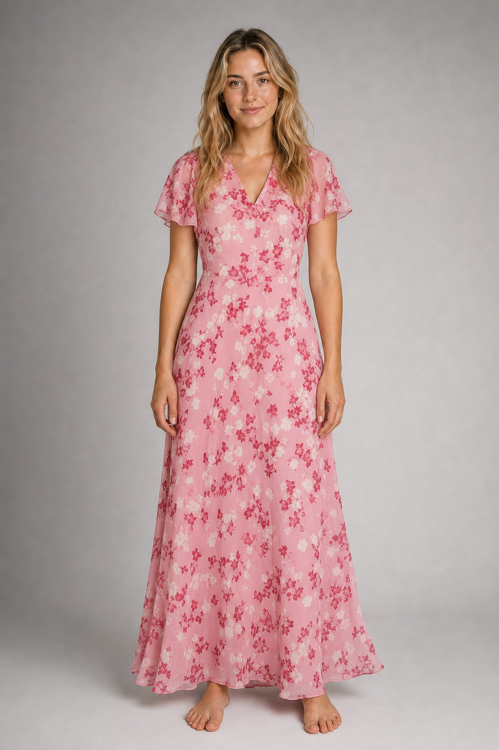 Julie Floral Maxi Dress | Women's V-Neck Flutter-Sleeve Wedding-Guest Gown