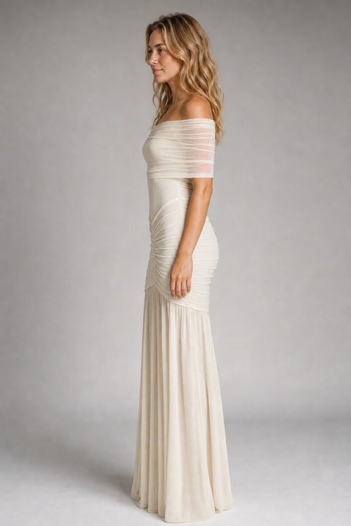Bella Ruched Maxi Dress | Women's Off-Shoulder Short-Sleeve Party Dress