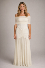 Bella Ruched Maxi Dress | Women's Off-Shoulder Short-Sleeve Party Dress in Beige