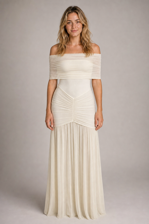 Bella Ruched Maxi Dress | Women's Off-Shoulder Short-Sleeve Party Dress