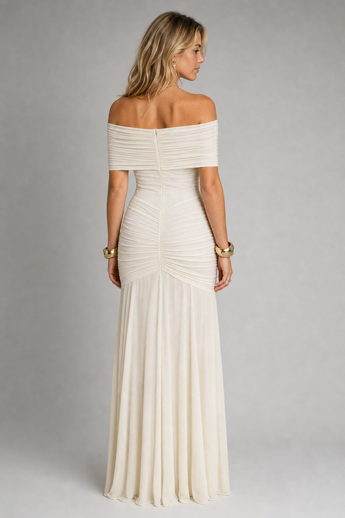 Bella Ruched Maxi Dress | Women's Off-Shoulder Short-Sleeve Party Dress