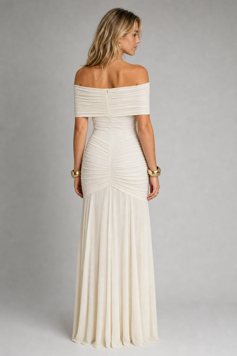 Bella Ruched Maxi Dress | Women's Off-Shoulder Short-Sleeve Party Dress