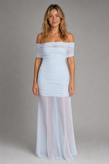 Bella Ruched Maxi Dress | Women's Off-Shoulder Short-Sleeve Party Dress in Light Blue