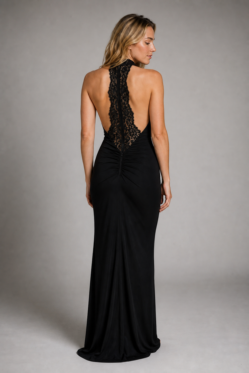Riona Backless Lace Maxi Dress | Women's High-Neck Wedding-Guest Gown