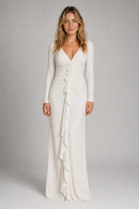 Paula Maxi Dress | Women's Deep-V Long-Sleeve Wedding-Guest Gown in White