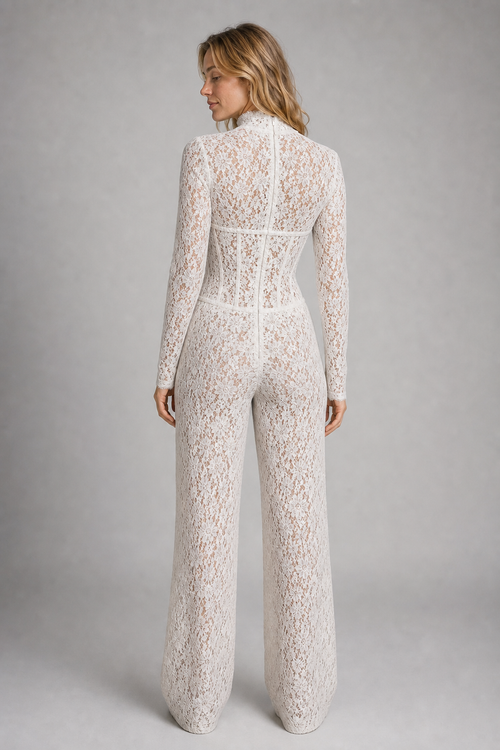 Raina Corset Lace Maxi Dress | Women's High-Neck Long-Sleeve Wedding-Guest Gown