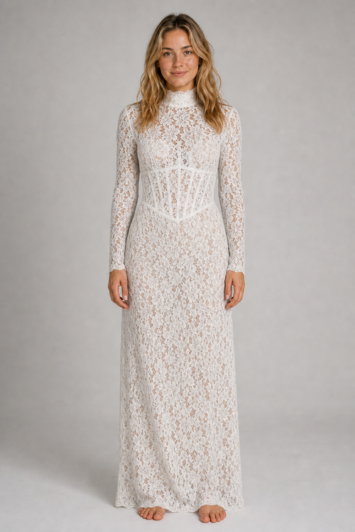 Raina Corset Lace Maxi Dress | Women's High-Neck Long-Sleeve Wedding-Guest Gown
