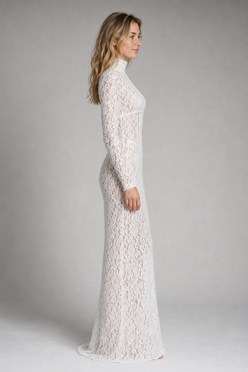 Raina Corset Lace Maxi Dress | Women's High-Neck Long-Sleeve Wedding-Guest Gown