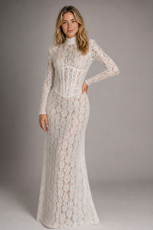 Raina Corset Lace Maxi Dress | Women's High-Neck Long-Sleeve Wedding-Guest Gown