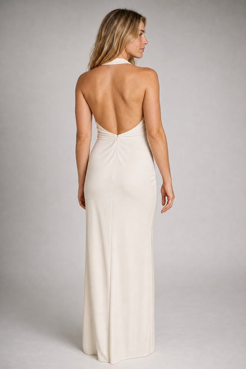 Lisa Backless Satin Maxi Dress | Women's Deep-V Wedding-Guest Gown