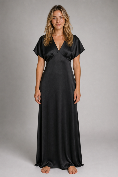 Janna Pleated Satin Midi Dress | Women's Deep-V Short-Sleeve Wedding-Guest Dress
