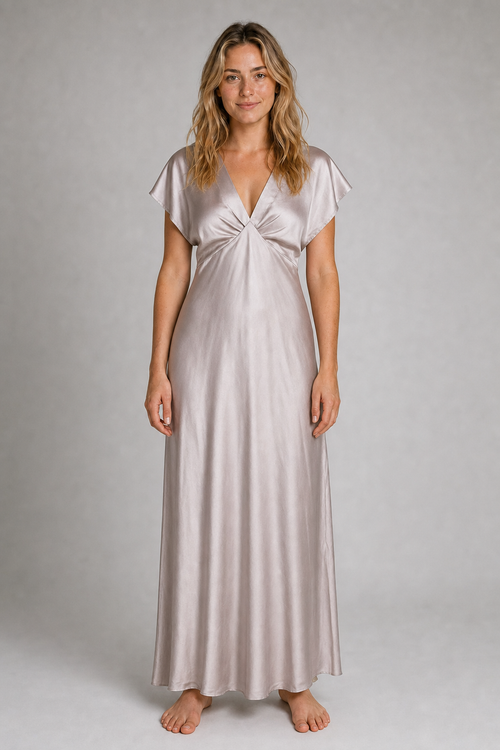 Janna Pleated Satin Midi Dress | Women's Deep-V Short-Sleeve Wedding-Guest Dress