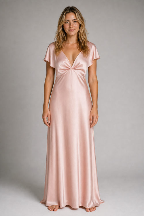 Janna Pleated Satin Midi Dress | Women's Deep-V Short-Sleeve Wedding-Guest Dress