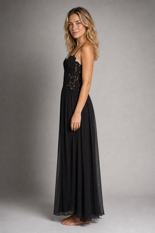 Celeste Pleated Lace Maxi Dress | Women's Halter Sleeveless Cocktail Dress