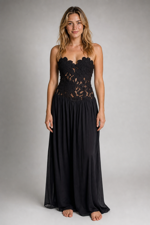 Celeste Pleated Lace Maxi Dress | Women's Halter Sleeveless Cocktail Dress
