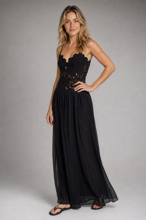 Celeste Pleated Lace Maxi Dress | Women's Halter Sleeveless Cocktail Dress