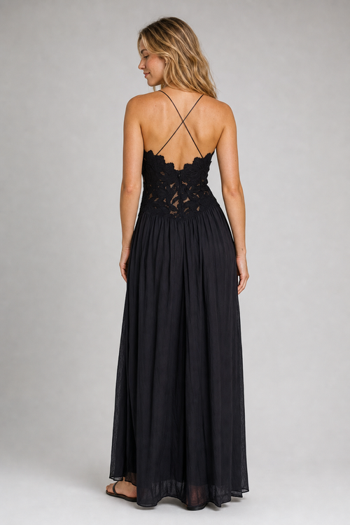 Celeste Pleated Lace Maxi Dress | Women's Halter Sleeveless Cocktail Dress