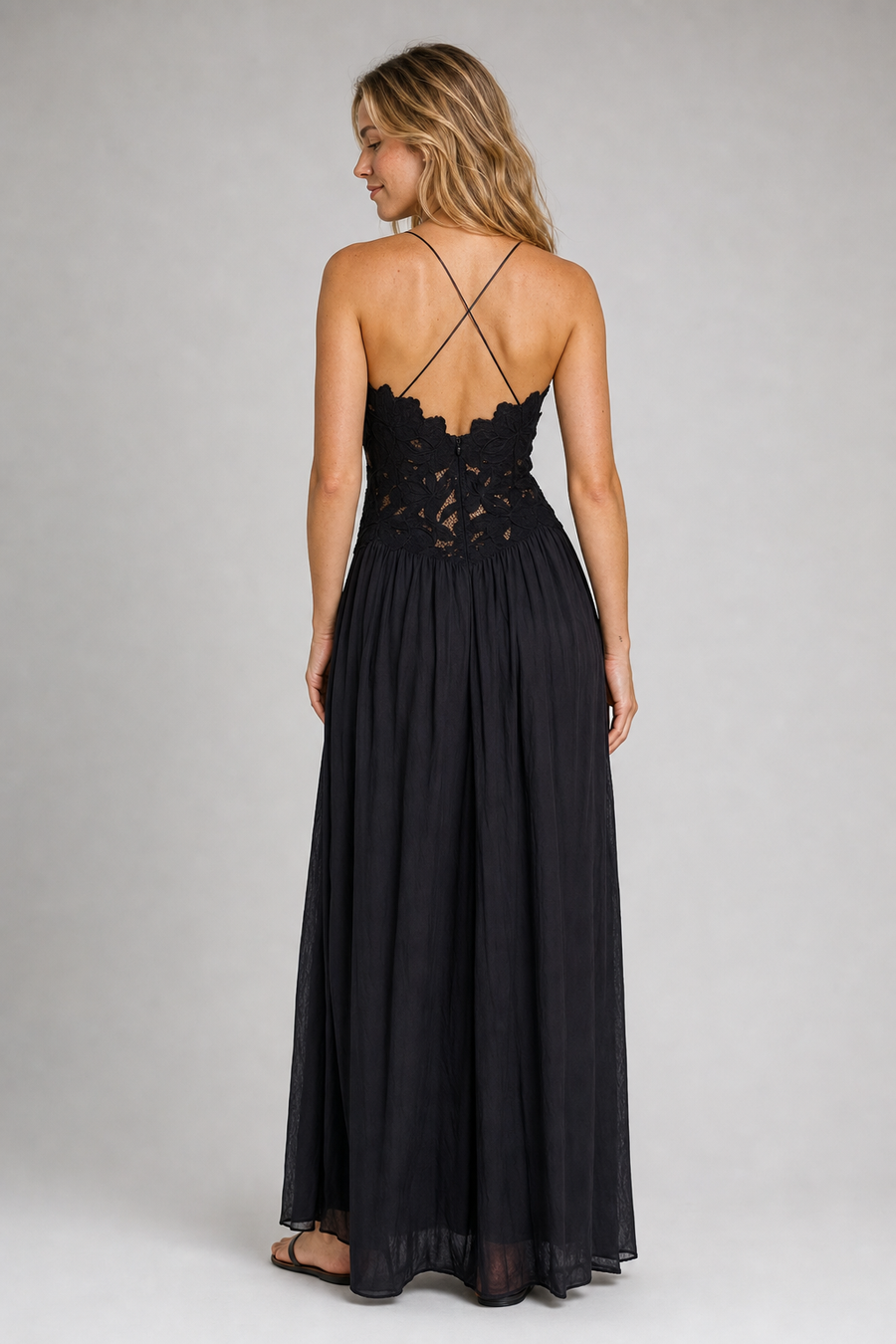 Celeste Pleated Lace Maxi Dress | Women's Halter Sleeveless Cocktail Dress