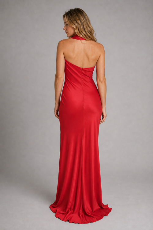 Demetra Backless Satin Maxi Dress | Women's Halter Sleeveless Formal Gown