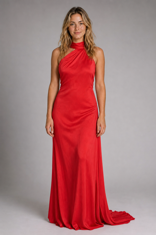 Demetra Backless Satin Maxi Dress | Women's Halter Sleeveless Formal Gown