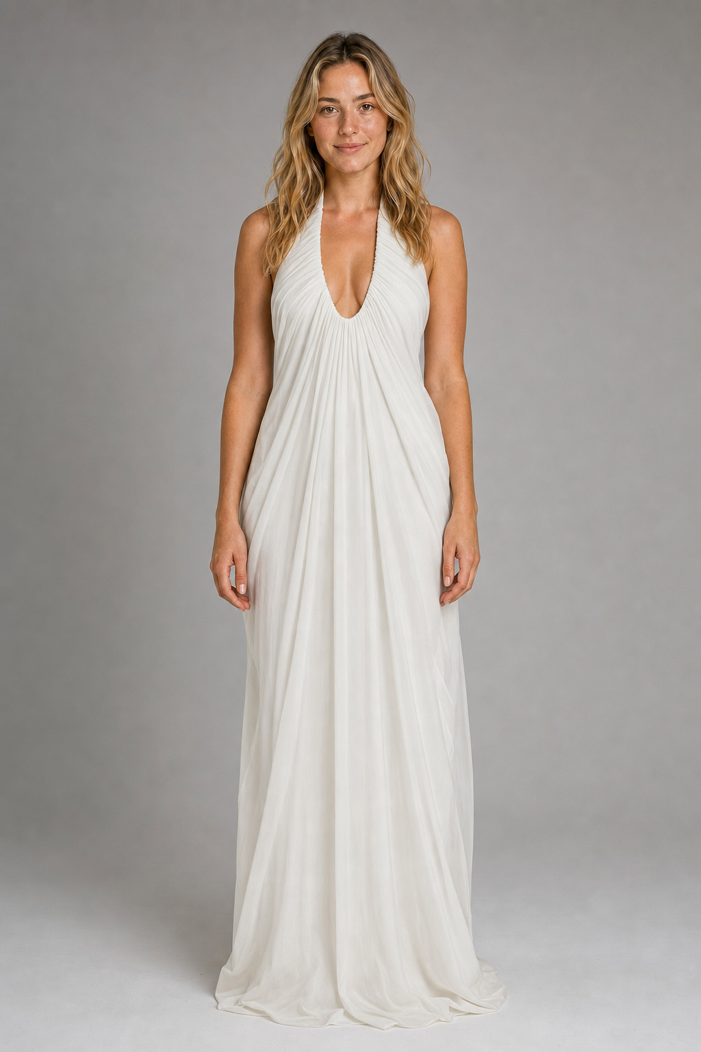 Beatrice Ruffled Tulle Maxi Dress | Women's Halter Sleeveless Wedding-Guest Gown
