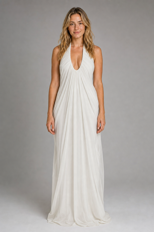 Beatrice Ruffled Tulle Maxi Dress | Women's Halter Sleeveless Wedding-Guest Gown