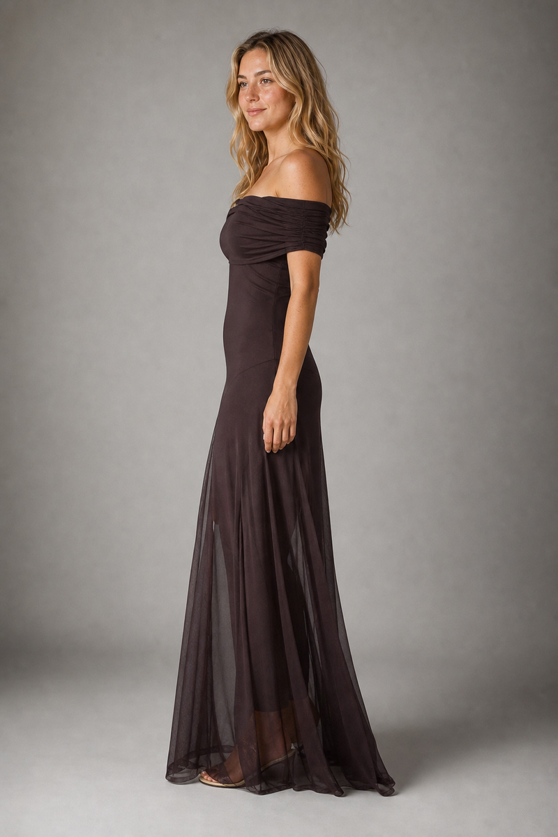 Anya Pleated Chiffon Maxi Dress | Women's Off-Shoulder Wedding-Guest Gown