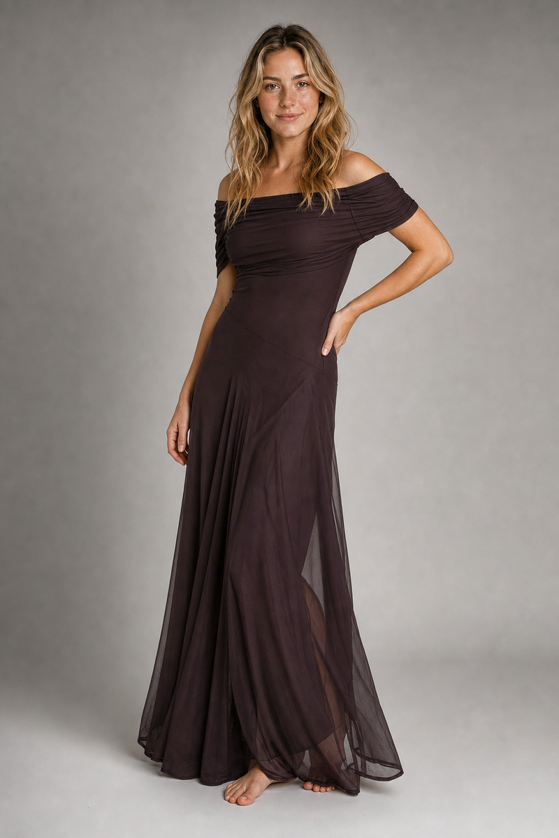 Anya Pleated Chiffon Maxi Dress | Women's Off-Shoulder Wedding-Guest Gown