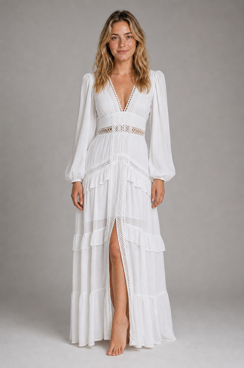 Aryna Ruffled Chiffon Maxi Dress | Women's V-Neck Wedding-Guest Gown