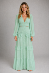 Beatrice Ruffled Maxi Dress | Women's Deep-V Wedding-Guest Gown in Light Green