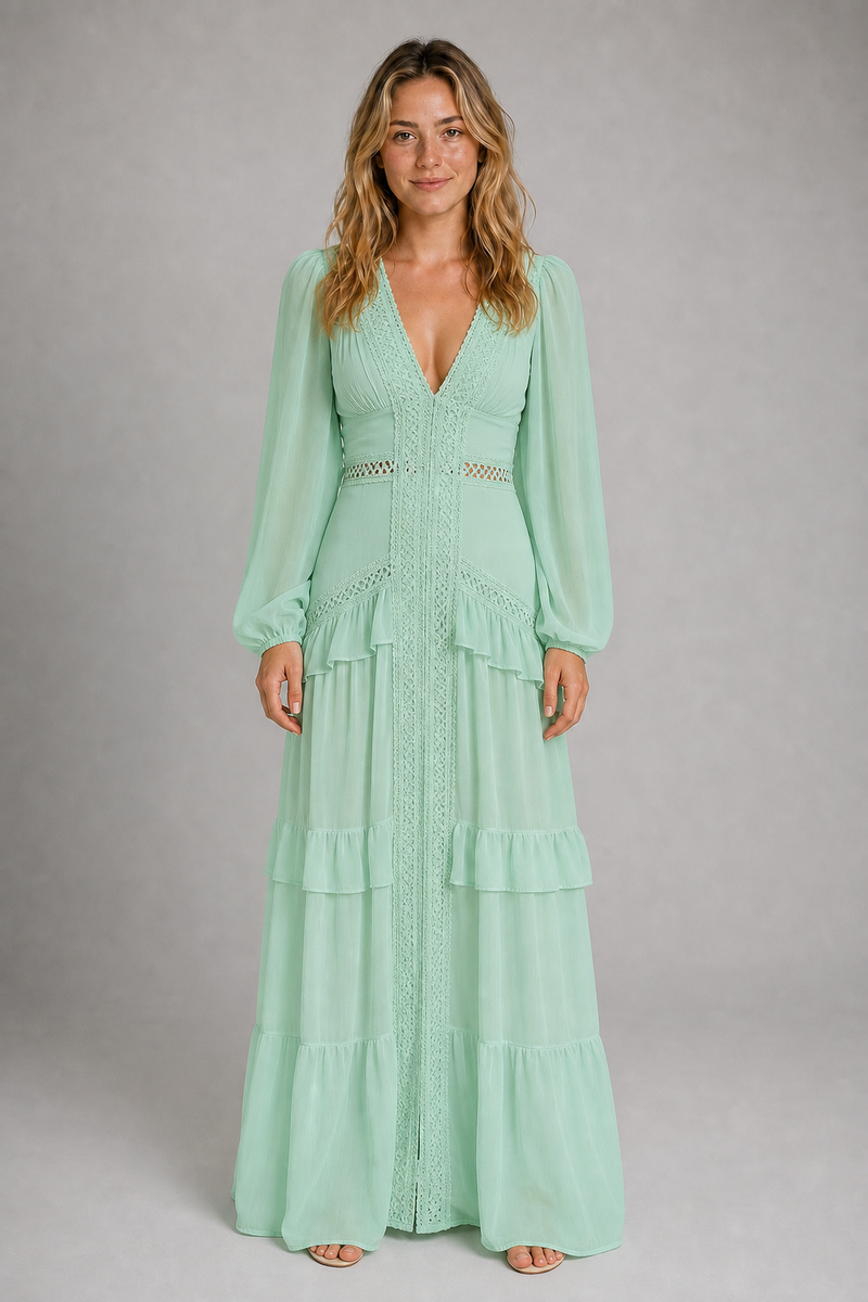 Beatrice Ruffled Maxi Dress | Women's Deep-V Wedding-Guest Gown
