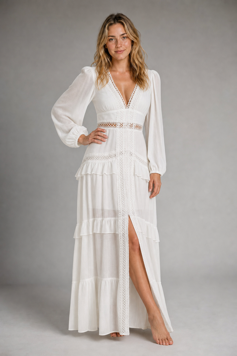 Aryna Ruffled Chiffon Maxi Dress | Women's V-Neck Wedding-Guest Gown