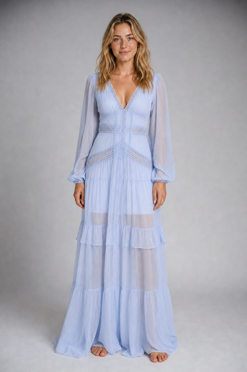 Beatrice Ruffled Maxi Dress | Women's Deep-V Wedding-Guest Gown