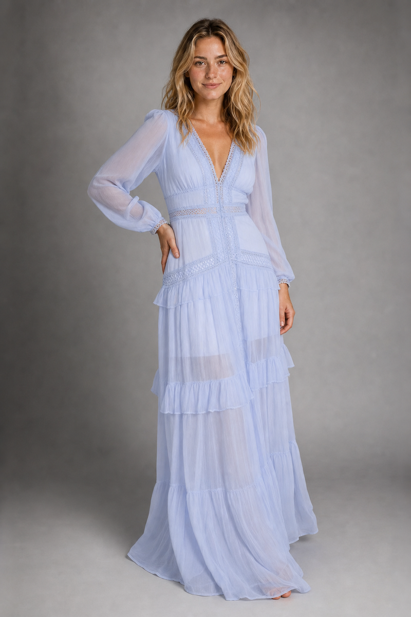 Beatrice Ruffled Maxi Dress | Women's Deep-V Wedding-Guest Gown