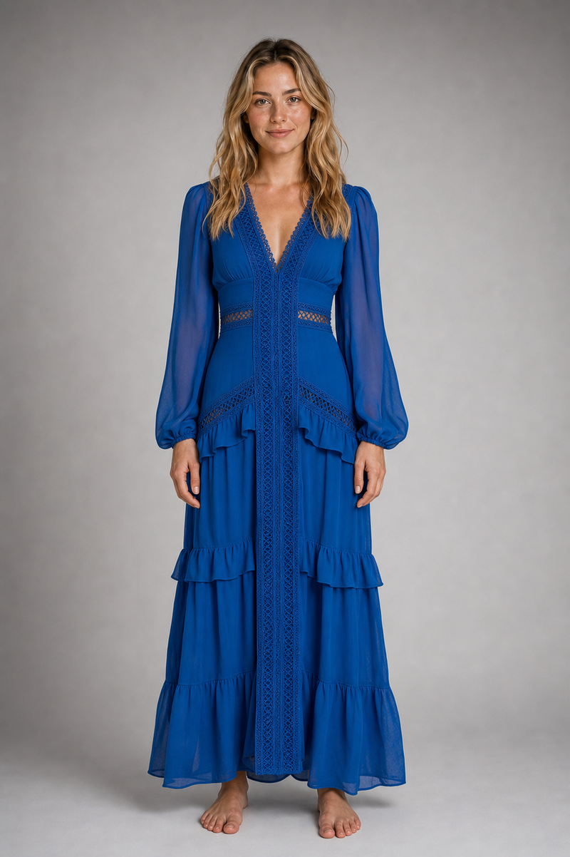 Beatrice Ruffled Maxi Dress | Women's Deep-V Wedding-Guest Gown
