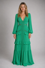 Beatrice Ruffled Maxi Dress | Women's Deep-V Wedding-Guest Gown in Green
