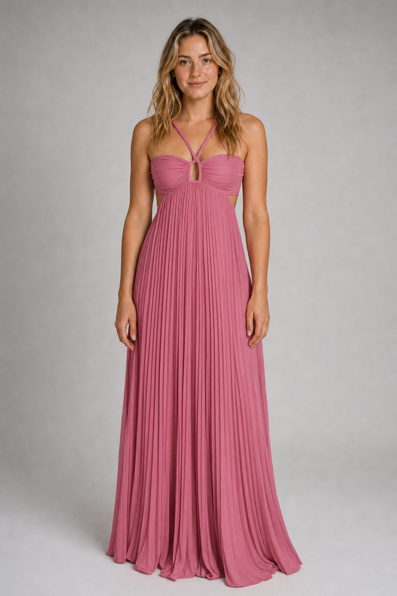 Aisen Pleated Chiffon Maxi Dress | Women's Halter Sleeveless Wedding-Guest Gown