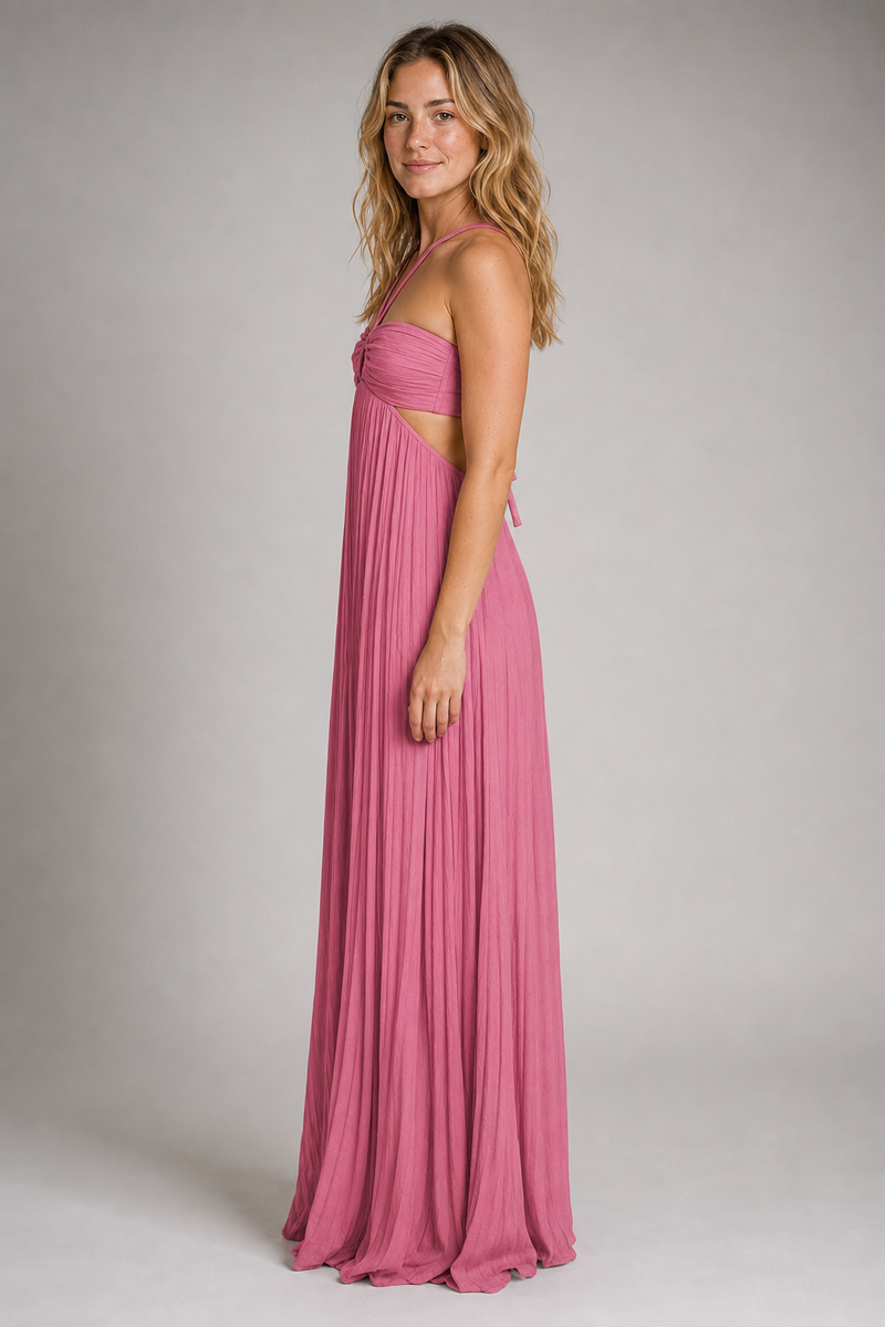 Aisen Pleated Chiffon Maxi Dress | Women's Halter Sleeveless Wedding-Guest Gown