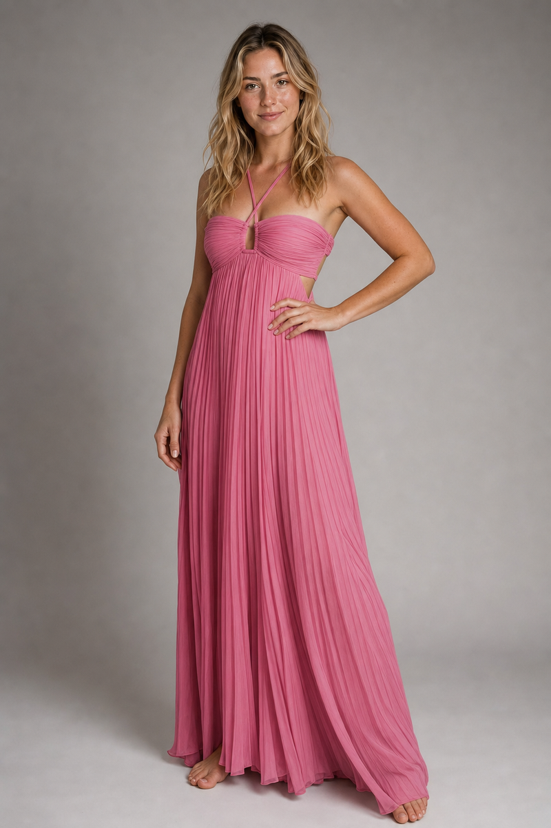 Aisen Pleated Chiffon Maxi Dress | Women's Halter Sleeveless Wedding-Guest Gown