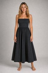 Alecto Pleated Midi Dress | Women's Spaghetti-Strap Sleeveless Wedding-Guest Dress in Black