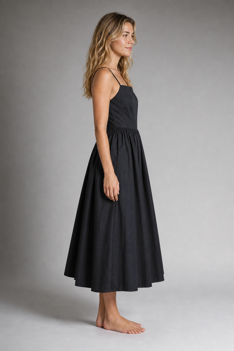 Alecto Pleated Midi Dress | Women's Spaghetti-Strap Sleeveless Wedding-Guest Dress